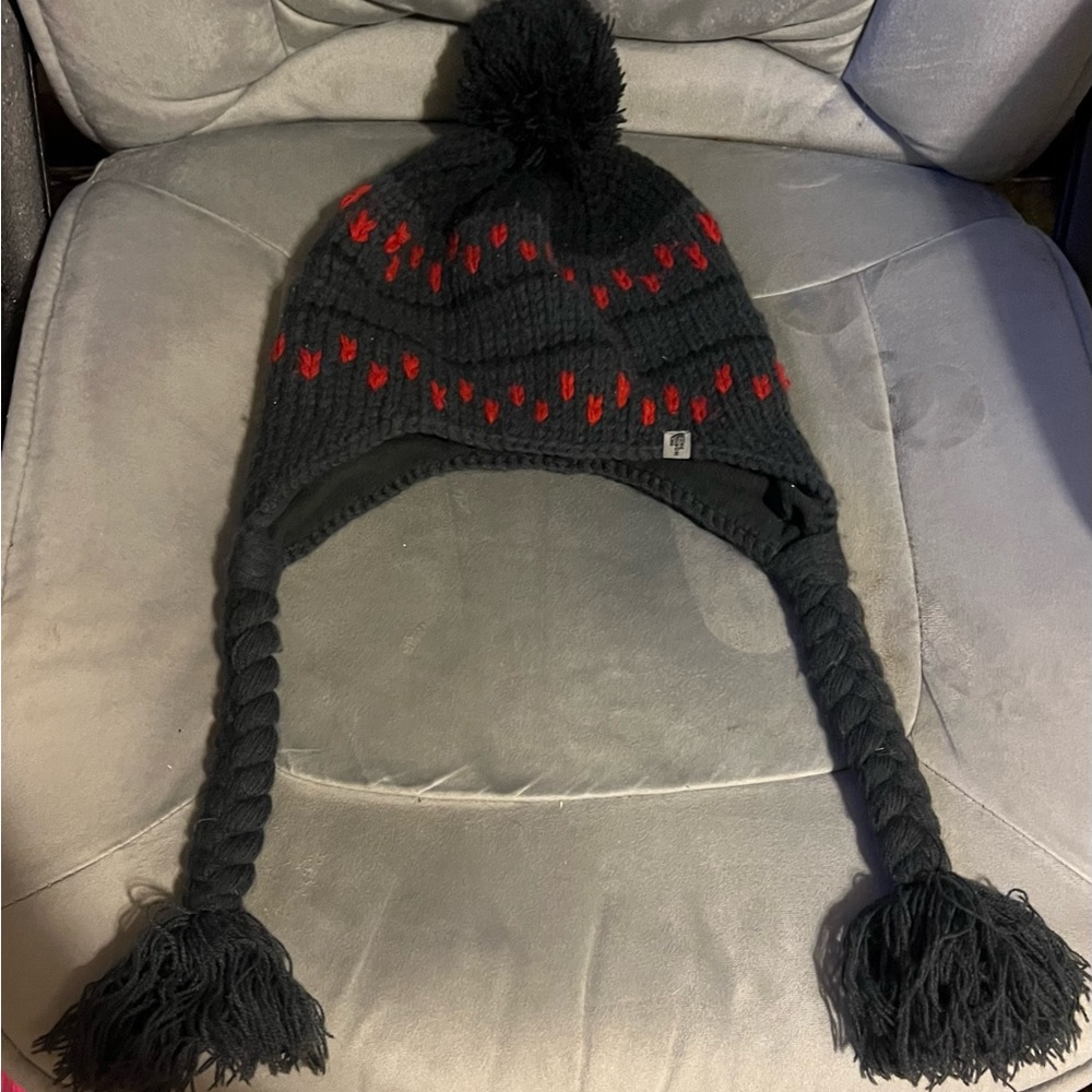 Women's Northface Earflap beanie OS grey/red/black